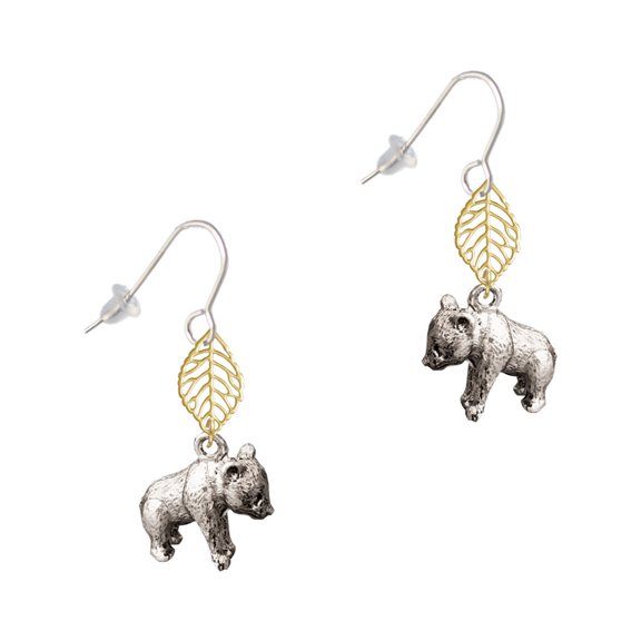 Delight Jewelry Silvertone Panda Bear Standing Goldtone Leaf French Earrings