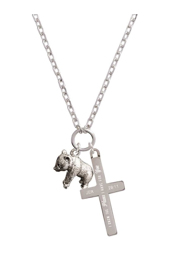 Silvertone Panda Bear Standing I Have Plans for You Engraved Cross Zoey Necklace, 28"