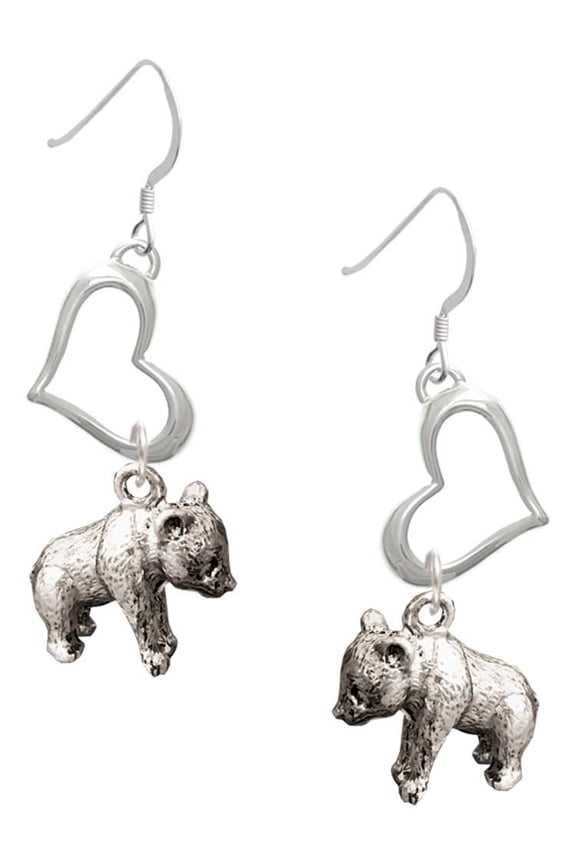 Silvertone Panda Bear Standing Open Heart French Earrings