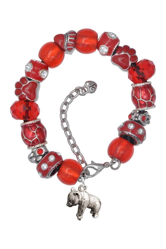 Silvertone Panda Bear Standing Red Paw Print Bead Bracelet, 7"+2"
