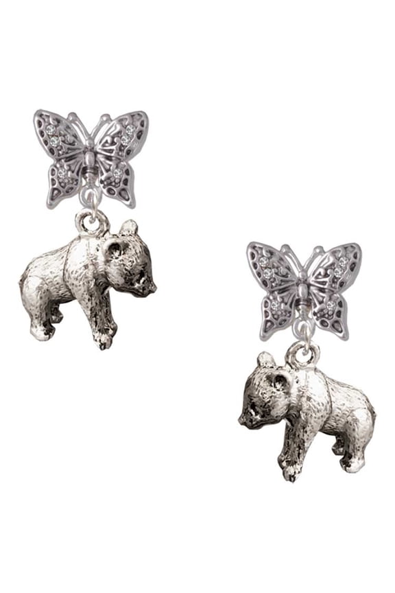 Silvertone Panda Bear Standing Silvertone Antiqued Butterfly Post Earrings