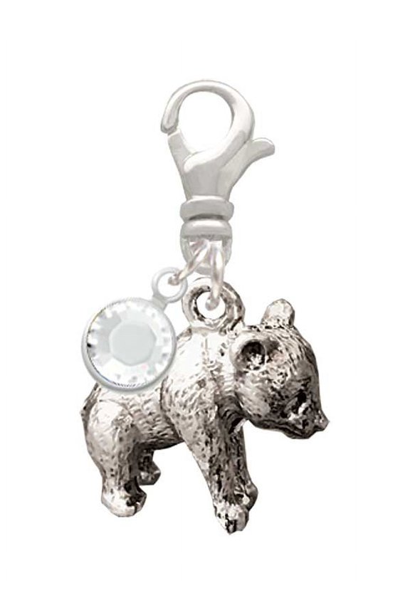 Silvertone Panda Bear Standing - Silvertone Clip on Charm with Clear Crystal Drop