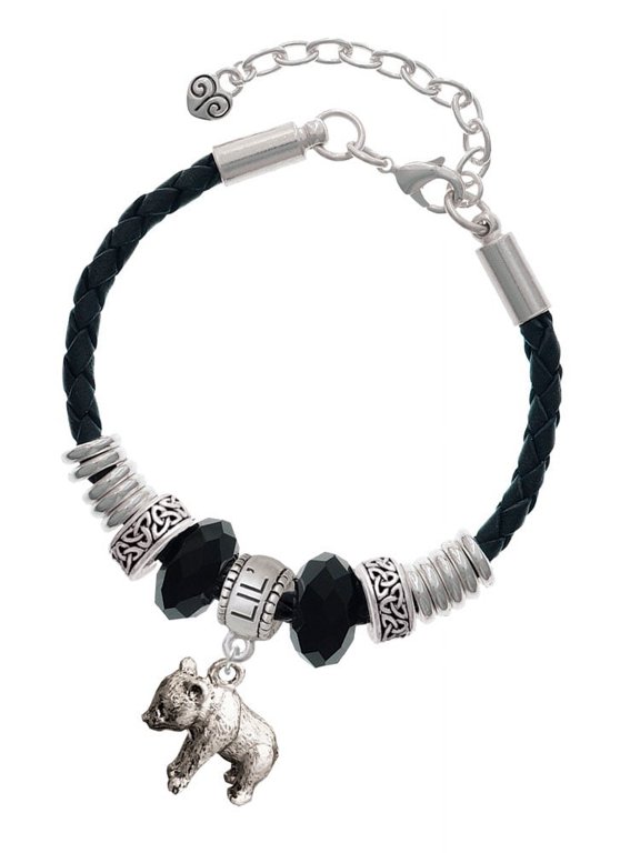 Silvertone Panda Bear Standing Sister Celtic Knot Leather Bead Bracelet, 7"+2" Extender