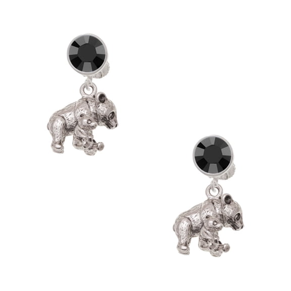 Delight Jewelry Silvertone Panda with Baby Black Crystal Clip on Earrings
