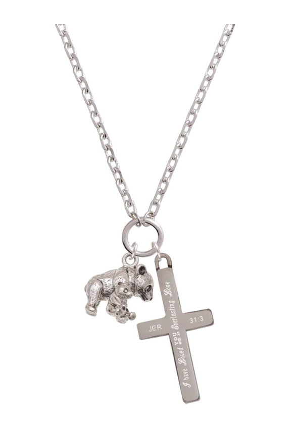 Silvertone Panda with Baby Everlasting Love Engraved Cross Zoey Necklace, 28"