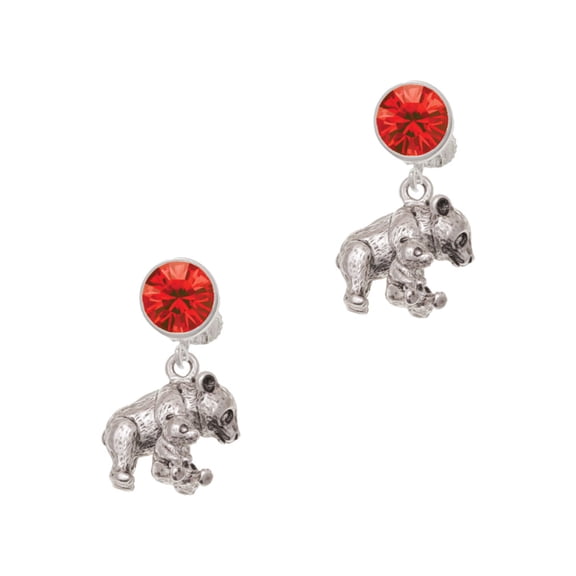 Delight Jewelry Silvertone Panda with Baby Red Crystal Clip on Earrings