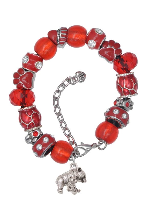 Silvertone Panda with Baby Red Paw Print Bead Bracelet, 7"+2"