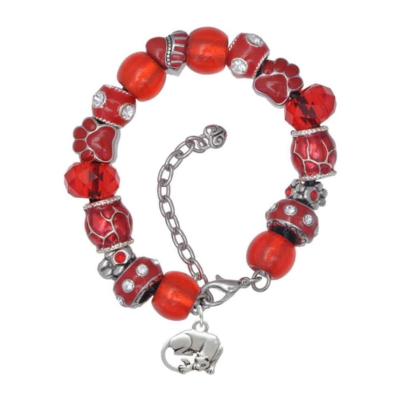 Delight Jewelry Silvertone Panther Red Paw Print Bead Bracelet, 7"+2"