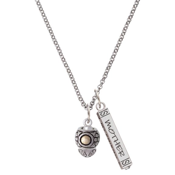 Delight Jewelry Silvertone Pattern with 2 Goldtone Bullets Spinners Silvertone Mother Daughter Bar Charm Necklace, 23"