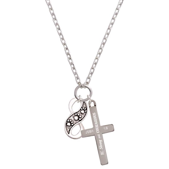 Delight Jewelry Silvertone Paw Prints Infinity Be Strong and Courageous Engraved Cross Zoey Necklace, 28"