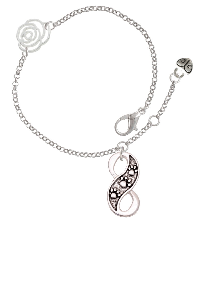 Delight Jewelry Silvertone Paw Prints Infinity Silvertone Rose Link Chain Bracelet, 6.25"+1.75