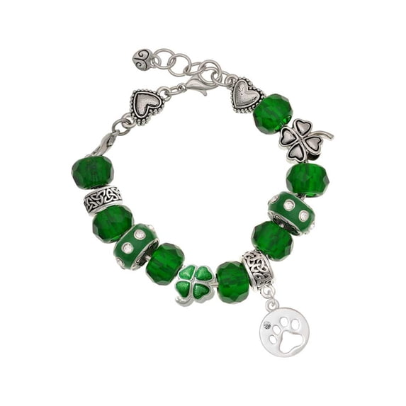 Delight Jewelry Silvertone Paw Silhouette - Green Irish Luck Bead Charm Bracelet, 7.5"