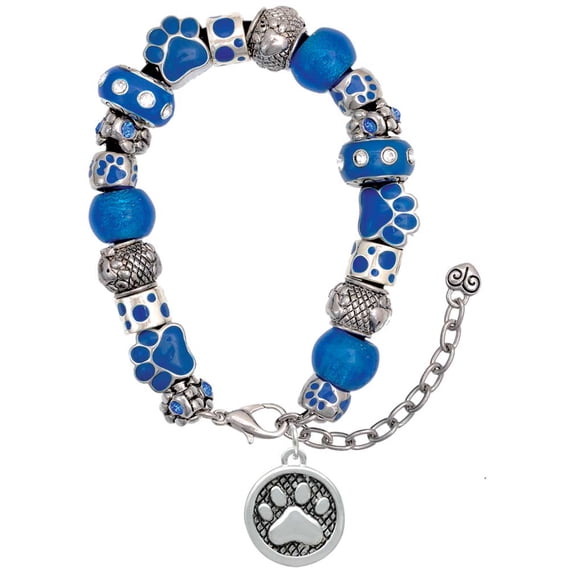 Delight Jewelry Silvertone Paw in Circle Blue Paw Print Bead Bracelet, 7"+2"