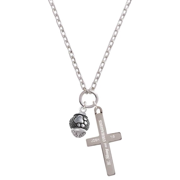 Delight Jewelry Silvertone Paw on Hatched Background Spinners Be Strong and Courageous Engraved Cross Zoey Necklace, 28"
