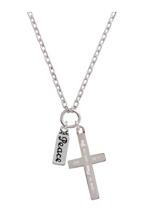 Silvertone Peace I Have Plans for You Engraved Cross Zoey Necklace, 28"