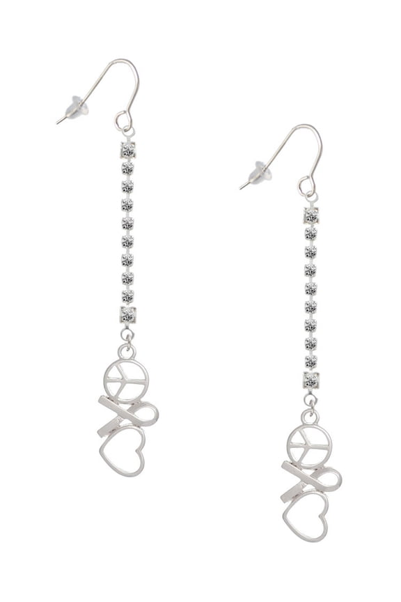 Silvertone Peace Sign Ribbon Heart - Silver-tone Long Sparkle Dangle French Earrings
