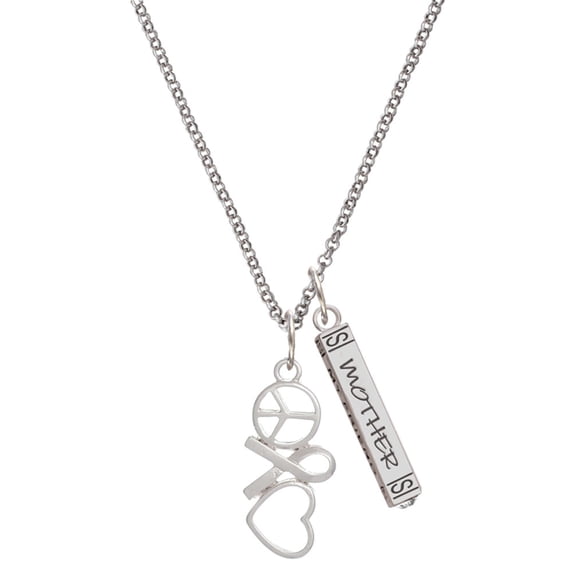 Delight Jewelry Silvertone Peace Sign Ribbon Heart Silvertone Mother Daughter Bar Charm Necklace, 23"