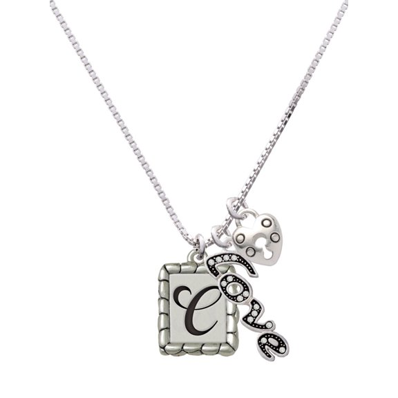 Delight Jewelry Silvertone Pebble Border Initial - C - Love and Lock Charm Necklace, 18"+1"