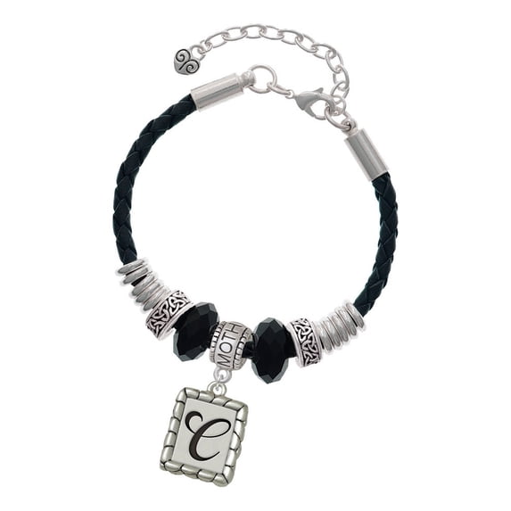 Delight Jewelry Silvertone Pebble Border Initial - C Mother Celtic Knot Leather Bead Bracelet, 7"+2" Extender