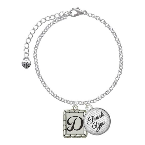 Delight Jewelry Silvertone Pebble Border Initial - D - Domed Thank You Charm Bracelet, 6"+2"