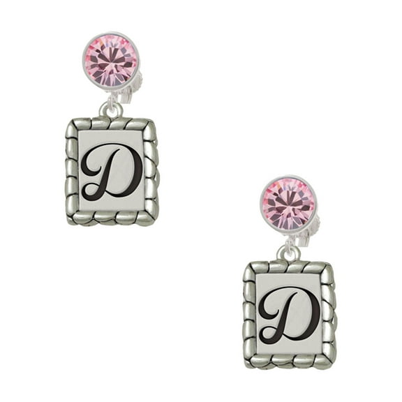 Delight Jewelry Silvertone Pebble Border Initial - D Pink Crystal Clip on Earrings