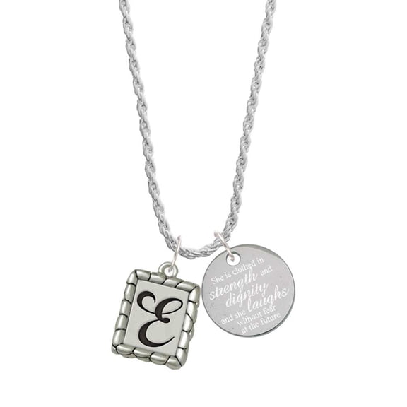 Delight Jewelry Silvertone Pebble Border Initial - E She is Clothed in Stength and Dignity Charm Necklace, 20"+3"