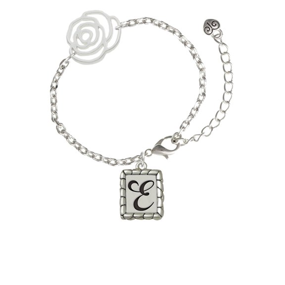 Delight Jewelry Silvertone Pebble Border Initial - E Silver-tone Flower Link Chain Bracelet, 6.75"+2" Extender