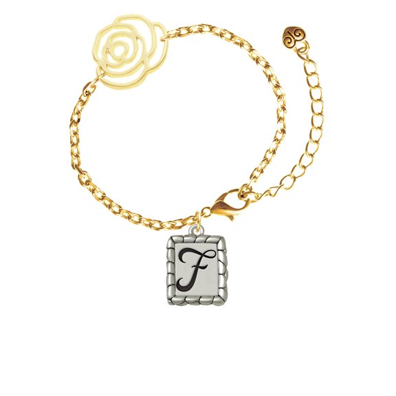 Delight Jewelry Silvertone Pebble Border Initial - F Gold-tone Flower Link Chain Bracelet, 6.75"+2" Extender