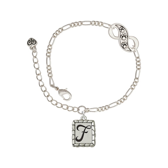 Delight Jewelry Silvertone Pebble Border Initial - F Silver-tone Paw Infinity Link Chain Bracelet, 6"+2" Extender