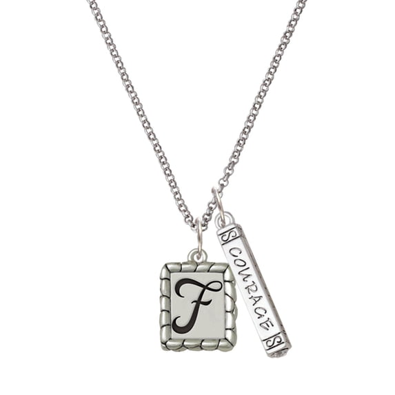 Delight Jewelry Silvertone Pebble Border Initial - F Silvertone Courage Strength Wisdom Honesty Bar Charm Necklace, 23"