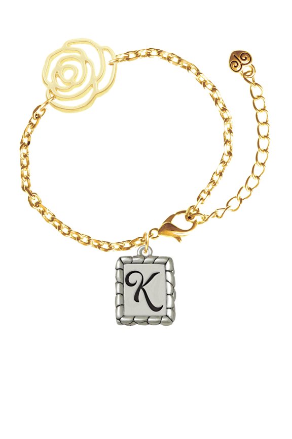 Silvertone Pebble Border Initial - K Gold-tone Flower Link Chain Bracelet, 6.75"+2" Extender