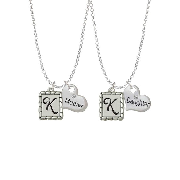 Delight Jewelry Silvertone Pebble Border Initial - K Mother & Daughter Heart Necklaces (Set of 2), 19"+2"