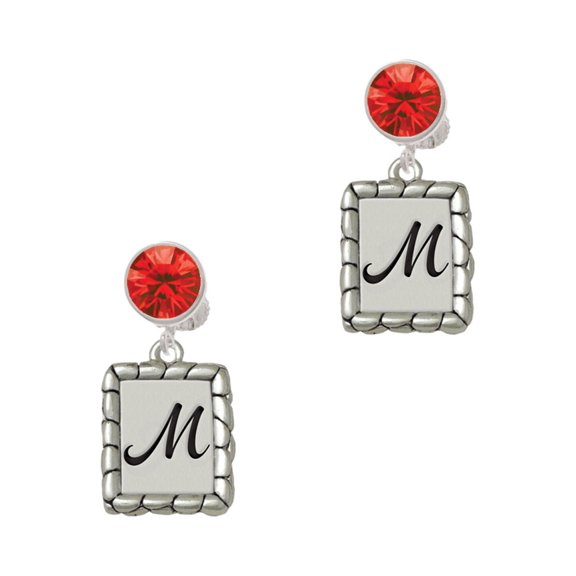 Delight Jewelry Silvertone Pebble Border Initial - M Red Crystal Clip on Earrings