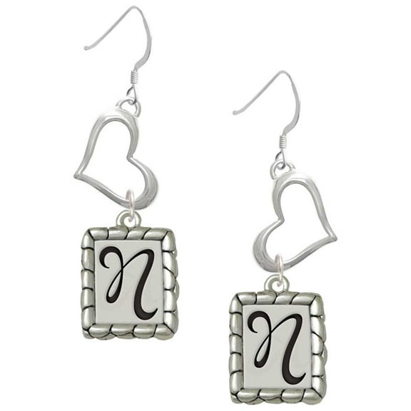 Delight Jewelry Silvertone Pebble Border Initial - N Open Heart French Earrings