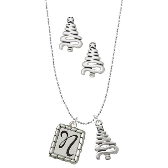 Delight Jewelry Silvertone Pebble Border Initial - N Silver tone Zig Zag Christmas Tree Charm Necklace and Stud Earrings