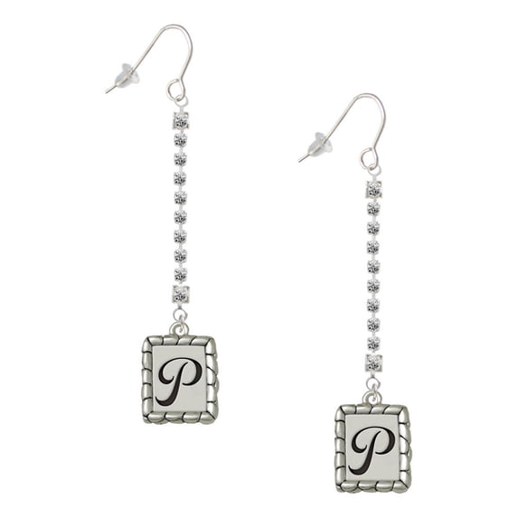 Delight Jewelry Silvertone Pebble Border Initial - P - Silver-tone Long Sparkle Dangle French Earrings