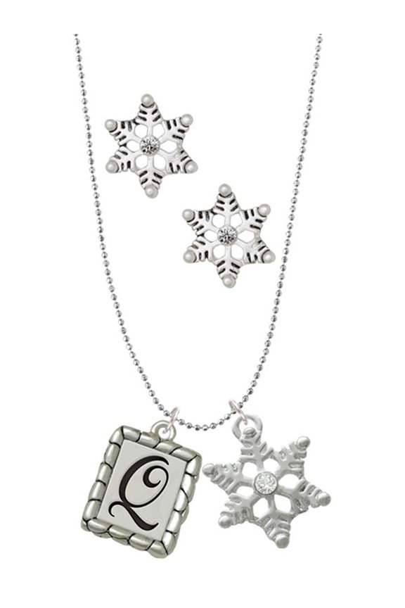 Silvertone Pebble Border Initial - Q Silver tone Snowflake Charm Necklace and Stud Earrings