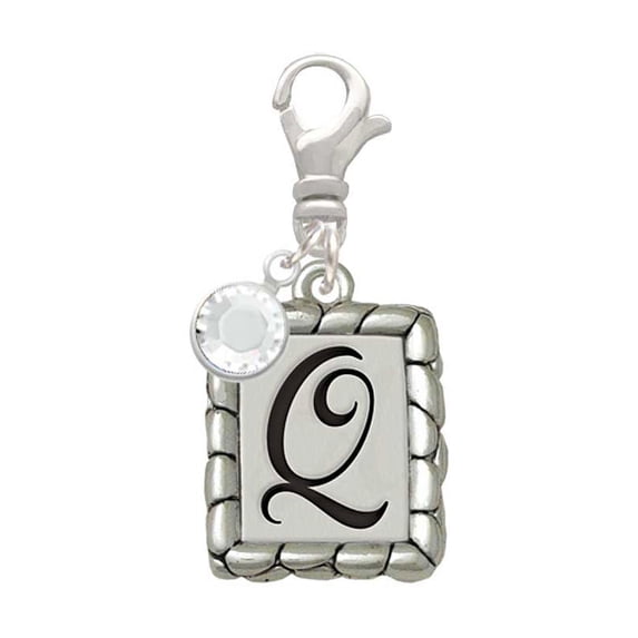 Delight Jewelry Silvertone Pebble Border Initial - Q - Silvertone Clip on Charm with Clear Crystal Drop