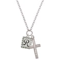 thumbnail image 1 of Delight Jewelry Silvertone Pebble Border Initial - R Be Strong and Courageous Engraved Cross Zoey Necklace, 28", 1 of 4