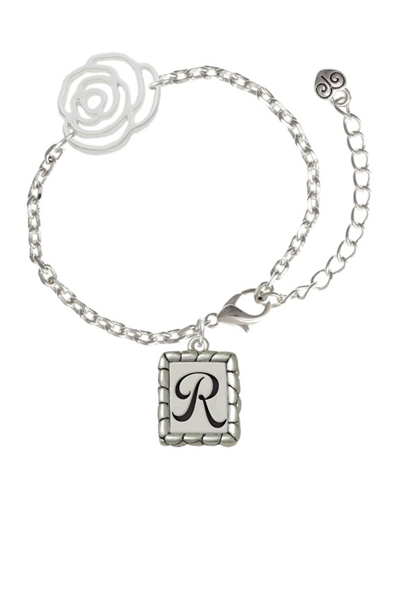 Silvertone Pebble Border Initial - R Silver-tone Flower Link Chain Bracelet, 6.75"+2" Extender