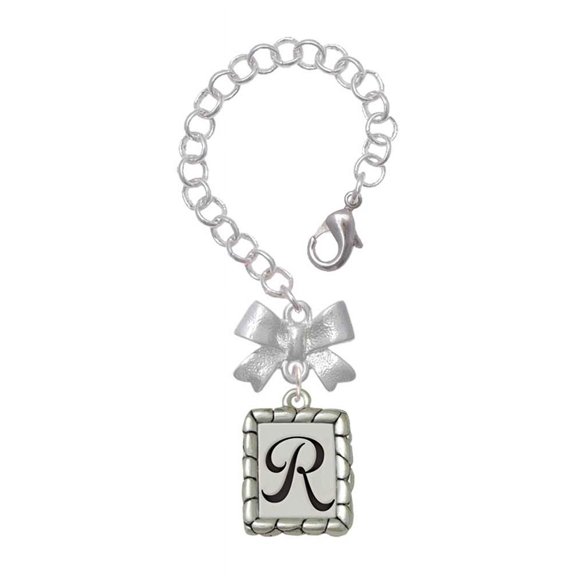 Delight Jewelry Silvertone Pebble Border Initial - R - Silvertone Bow Charm Accessory for Tumblers and Thermal Cups