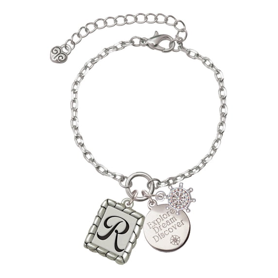 Delight Jewelry Silvertone Pebble Border Initial - R Silvertone Discover Dream Explore Zoey Charm Bracelet, 6.5+2" Extender