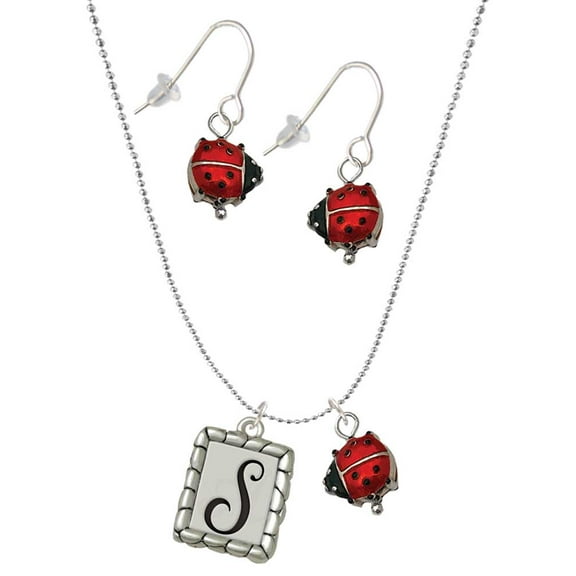 Delight Jewelry Silvertone Pebble Border Initial - S Red Lucky Ladybug Necklace and Dangle Earrings Set