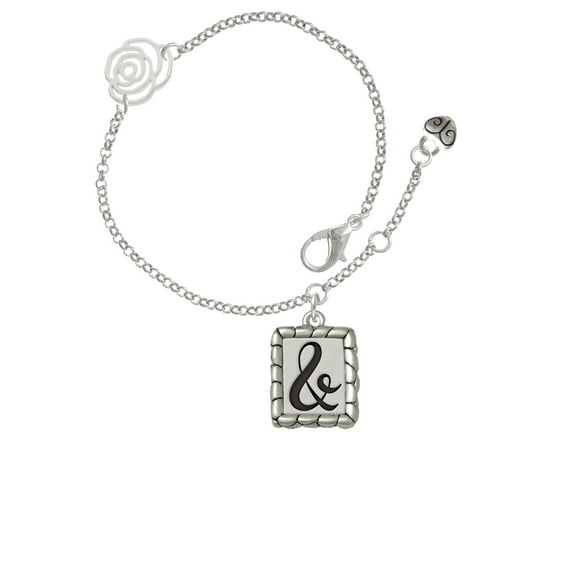 Delight Jewelry Silvertone Pebble Border Initial - & Silver-tone Rose Link Chain Bracelet, 6.25"+1.75" Extender
