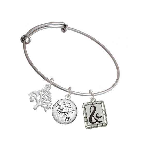 Delight Jewelry Silvertone Pebble Border Initial - & Silvertone Let Things Go Tree Charm Bangle Bracelet
