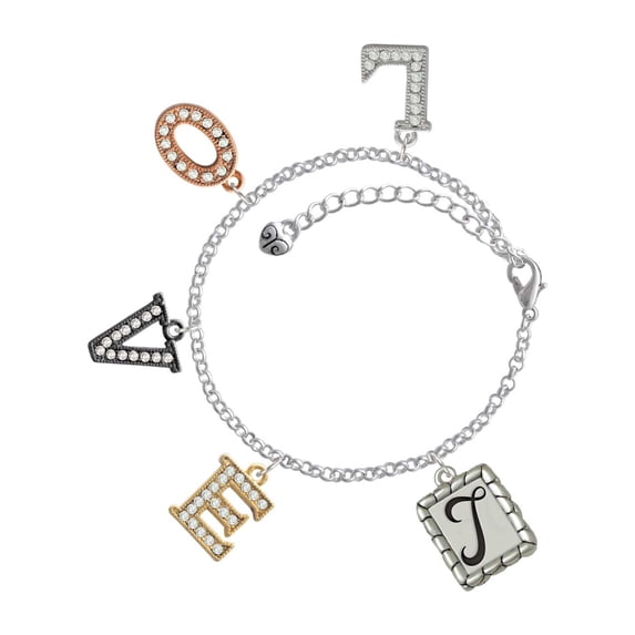 Delight Jewelry Silvertone Pebble Border Initial - T Multi-Colored Crystal Love Charm Bracelet