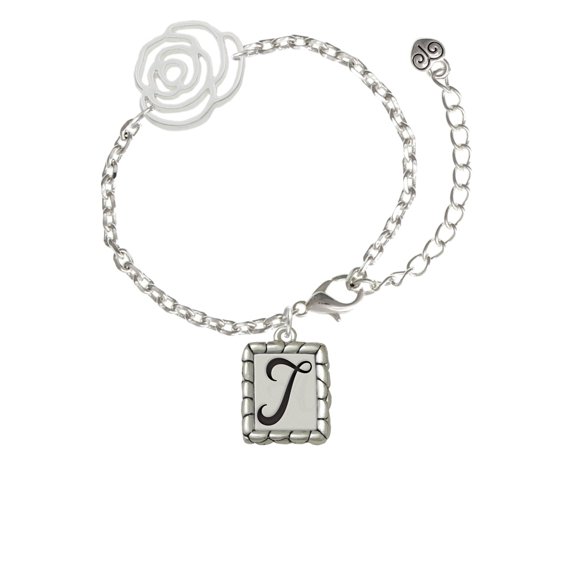 Delight Jewelry Silvertone Pebble Border Initial - T Silver-tone Flower Link Chain Bracelet, 6.75"+2" Extender