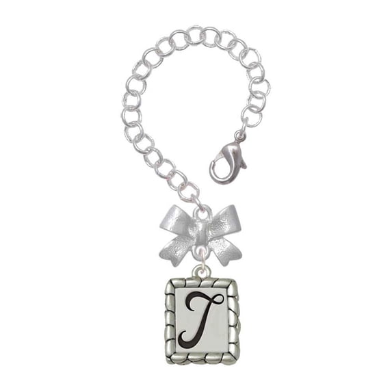 Delight Jewelry Silvertone Pebble Border Initial - T - Silvertone Bow Charm Accessory for Tumblers and Thermal Cups