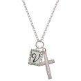 thumbnail image 1 of Delight Jewelry Silvertone Pebble Border Initial - V Be Strong and Courageous Engraved Cross Zoey Necklace, 28", 1 of 4