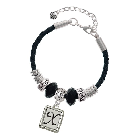 Delight Jewelry Silvertone Pebble Border Initial - X Godmother Celtic Knot Leather Bead Bracelet, 7"+2" Extender
